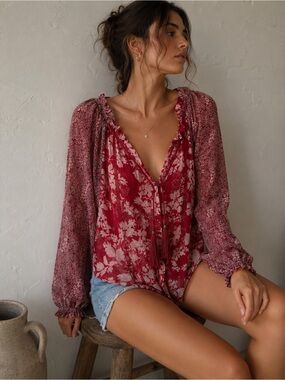 Free People Boho Floral Peasant Blouse Deep V Button Front Festival Top Sz S